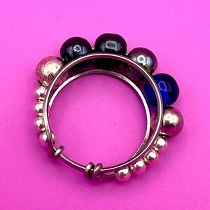 Triple wrapped ring with silver and blue round beads